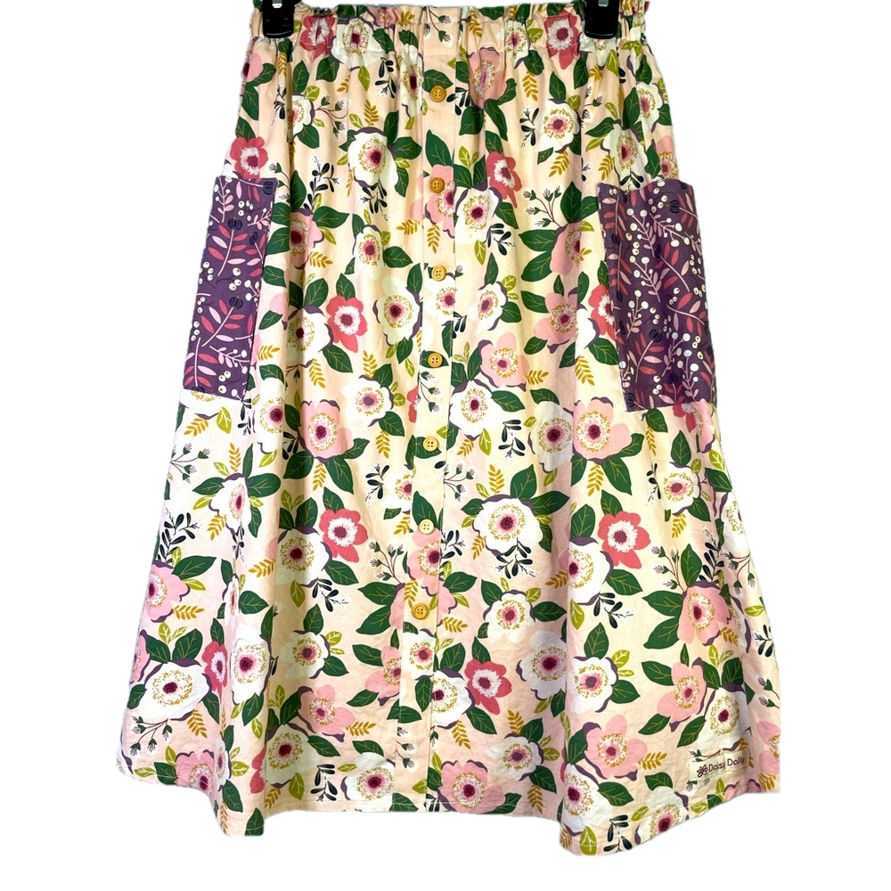 Pink Floral Handmade Skirt Daisy Dally With Buttons and Purple Pockets